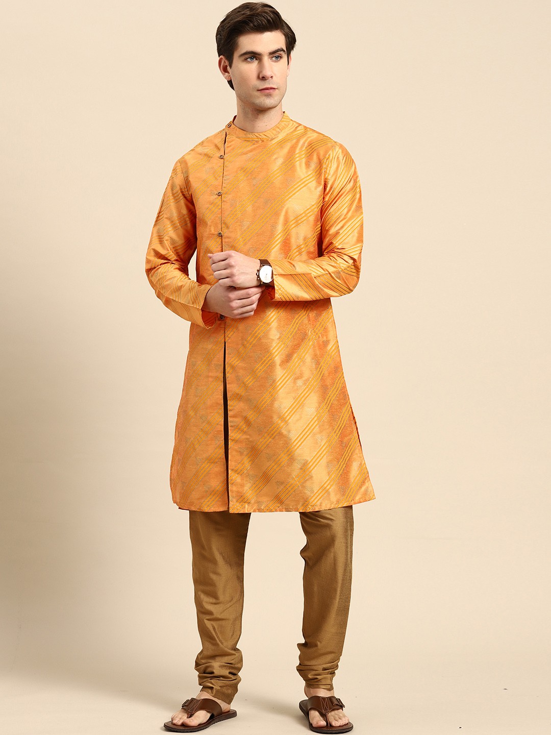 

Anouk Men Mustard Yellow & Green Striped Kurta