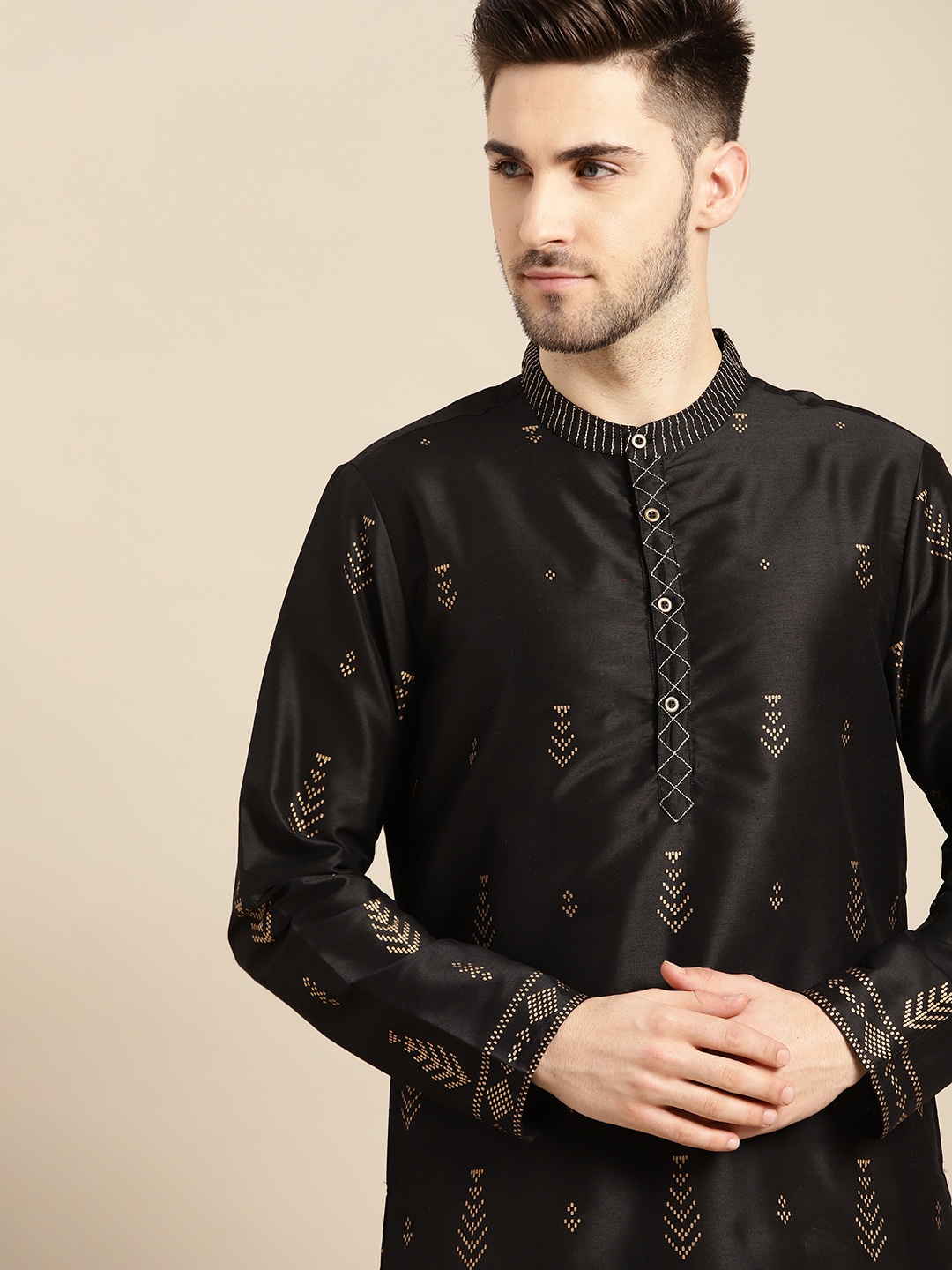 

Anouk Men Black & Golden Ethnic Motifs Printed Kurta