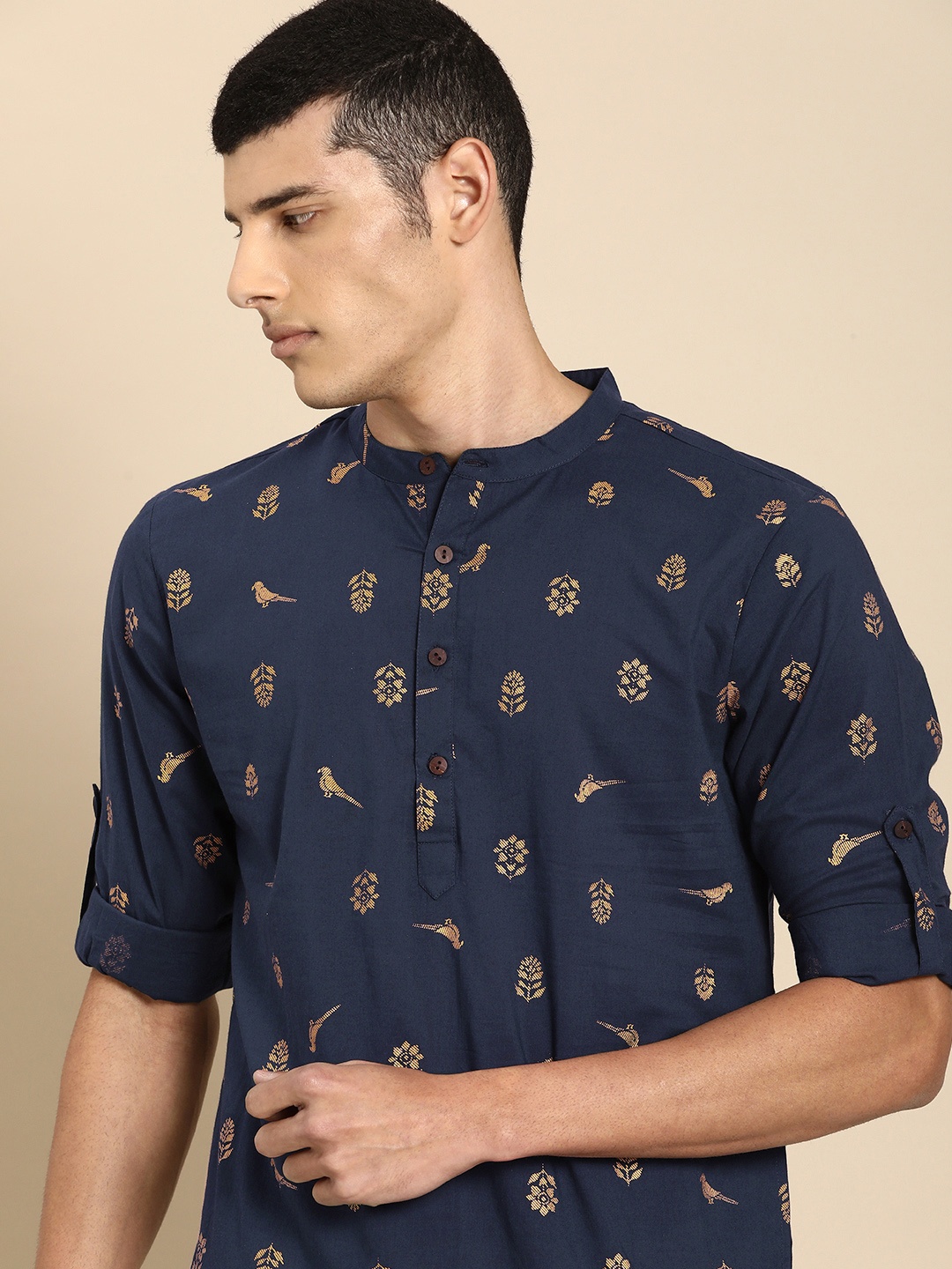 

Anouk Men Navy Blue & Gold-Coloured Ethnic Motifs Printed Kurta