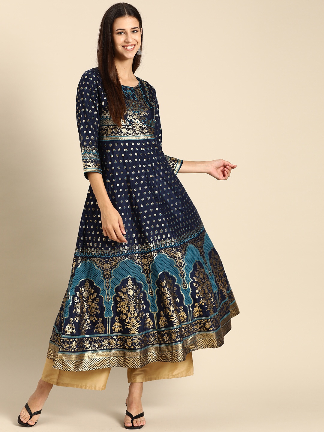 

Anouk Women Navy Blue & Golden Ethnic Motifs Printed Anarkali Kurta