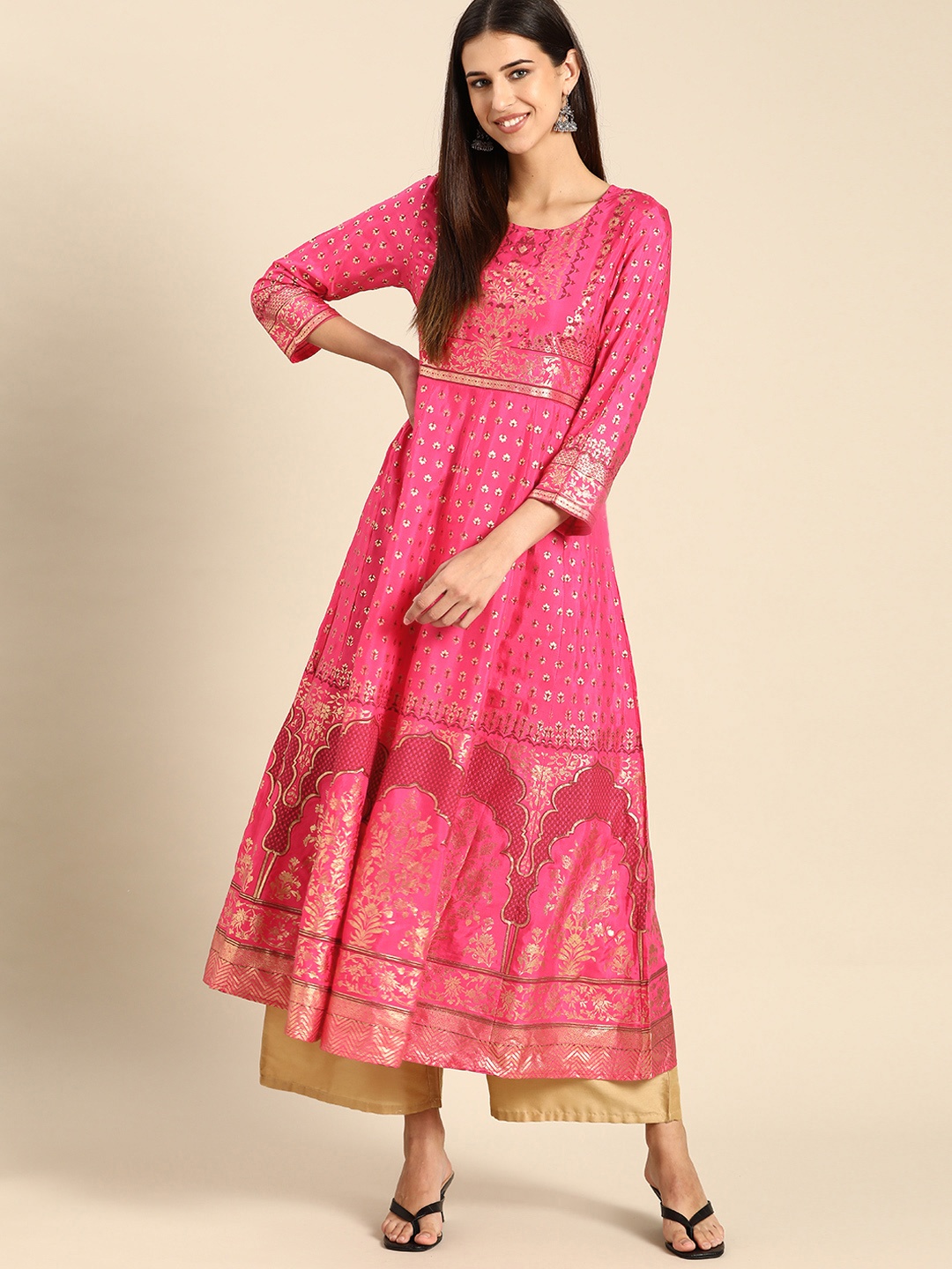 

Anouk Women Pink & Golden Ethnic Motifs Printed Anarkali Kurta