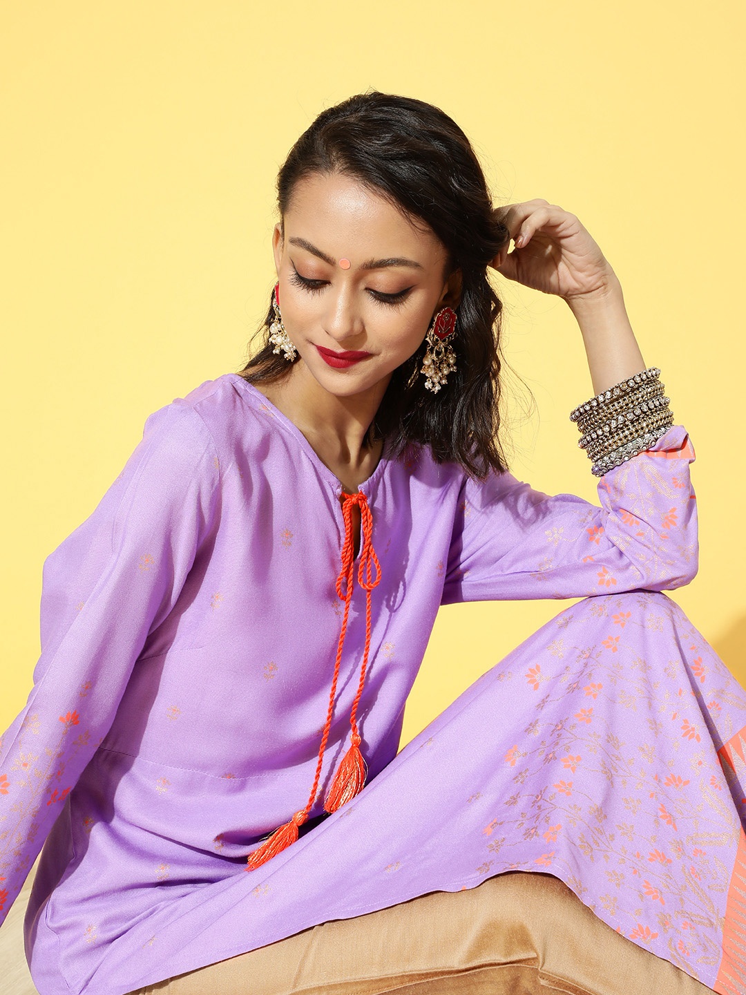 

Anouk Women Purple & Golden Ethnic Motifs Printed Kurta