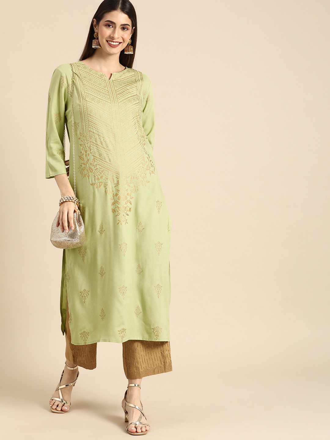 

Anouk Women Green & Gold-Toned Printed Straight Kurta