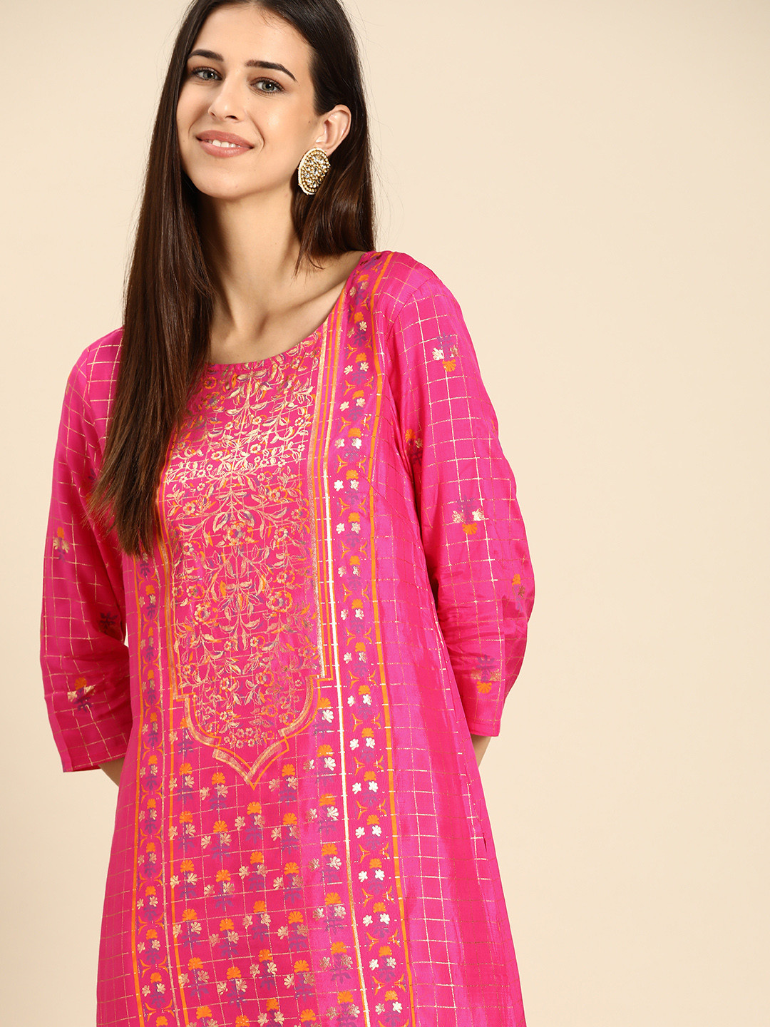 

Anouk Women Pink & Golden Ethnic Motifs Printed Kurta