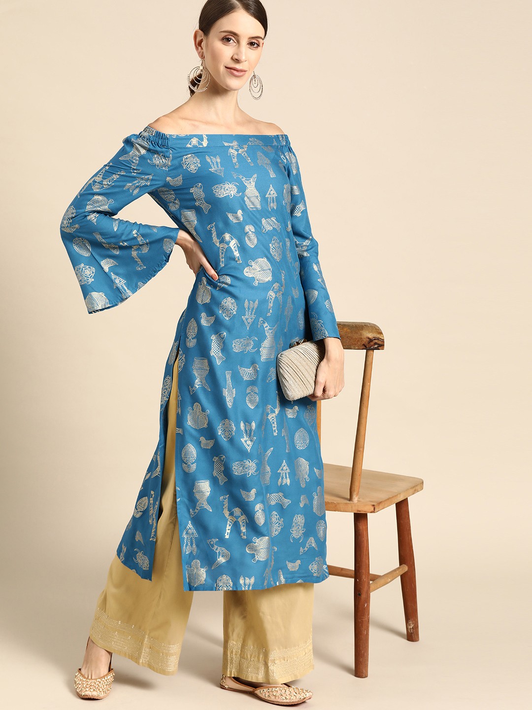 

Anouk Women Blue & Golden Ethnic Motifs Printed Off-Shoulder Bell Sleeves Kurta