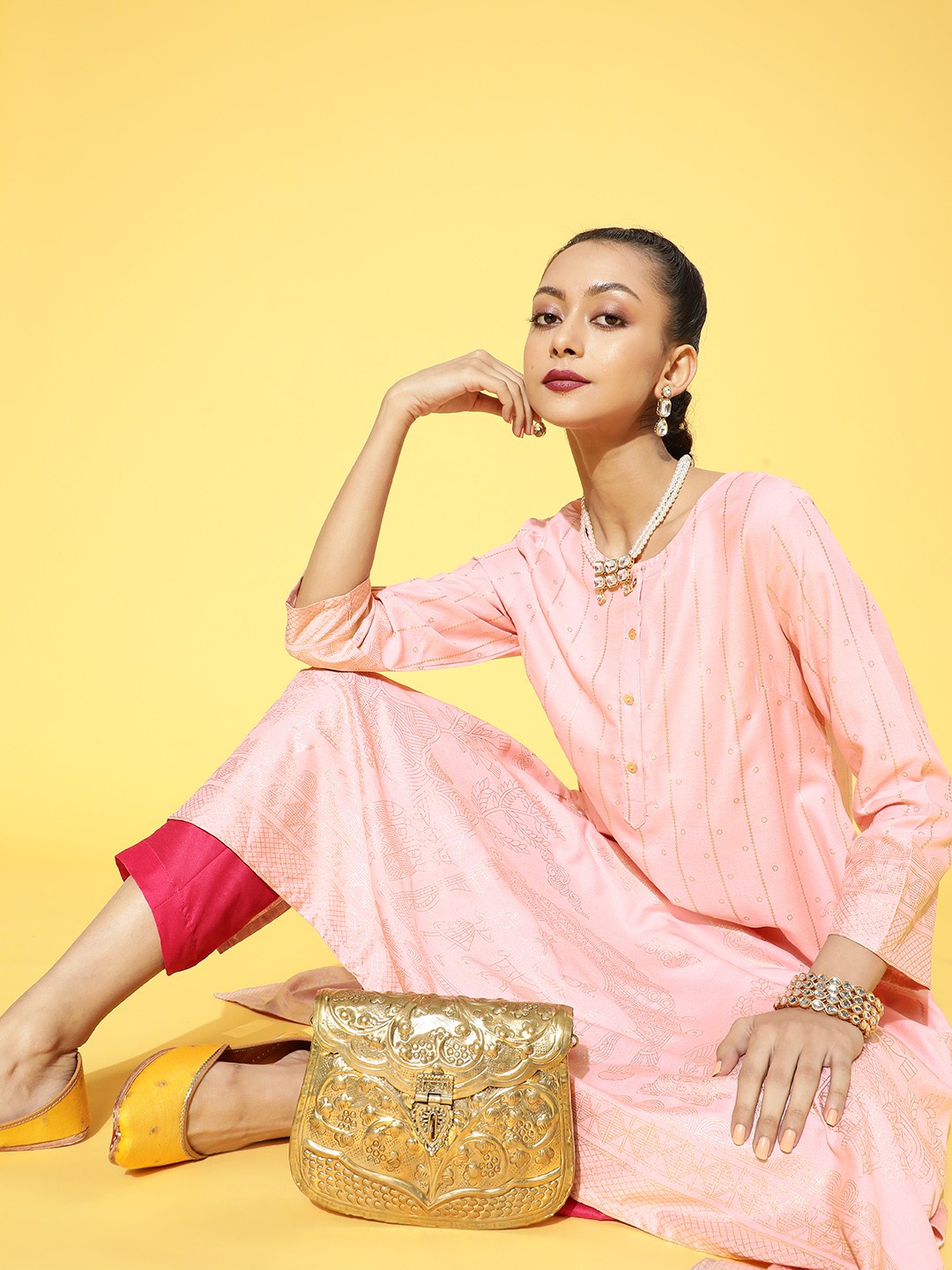 

Anouk Women Pink & Golden Ethnic Motifs Printed A-Line Kurta