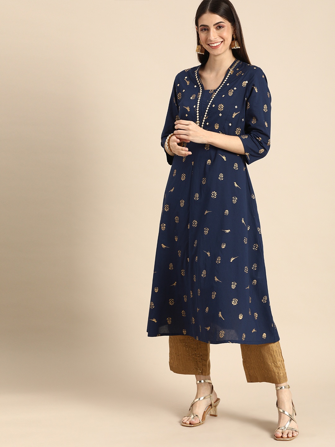 

Anouk Women Navy Blue & Gold-Toned Printed Floral Kurta