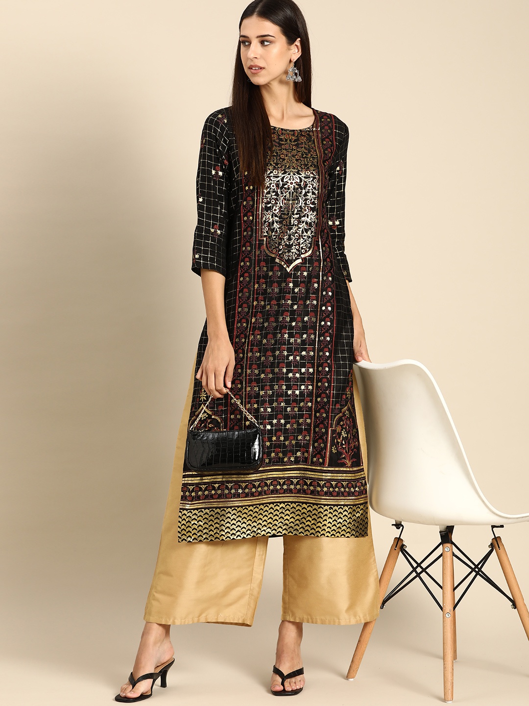 

Anouk Women Black & Golden Ethnic Motifs Printed Kurta