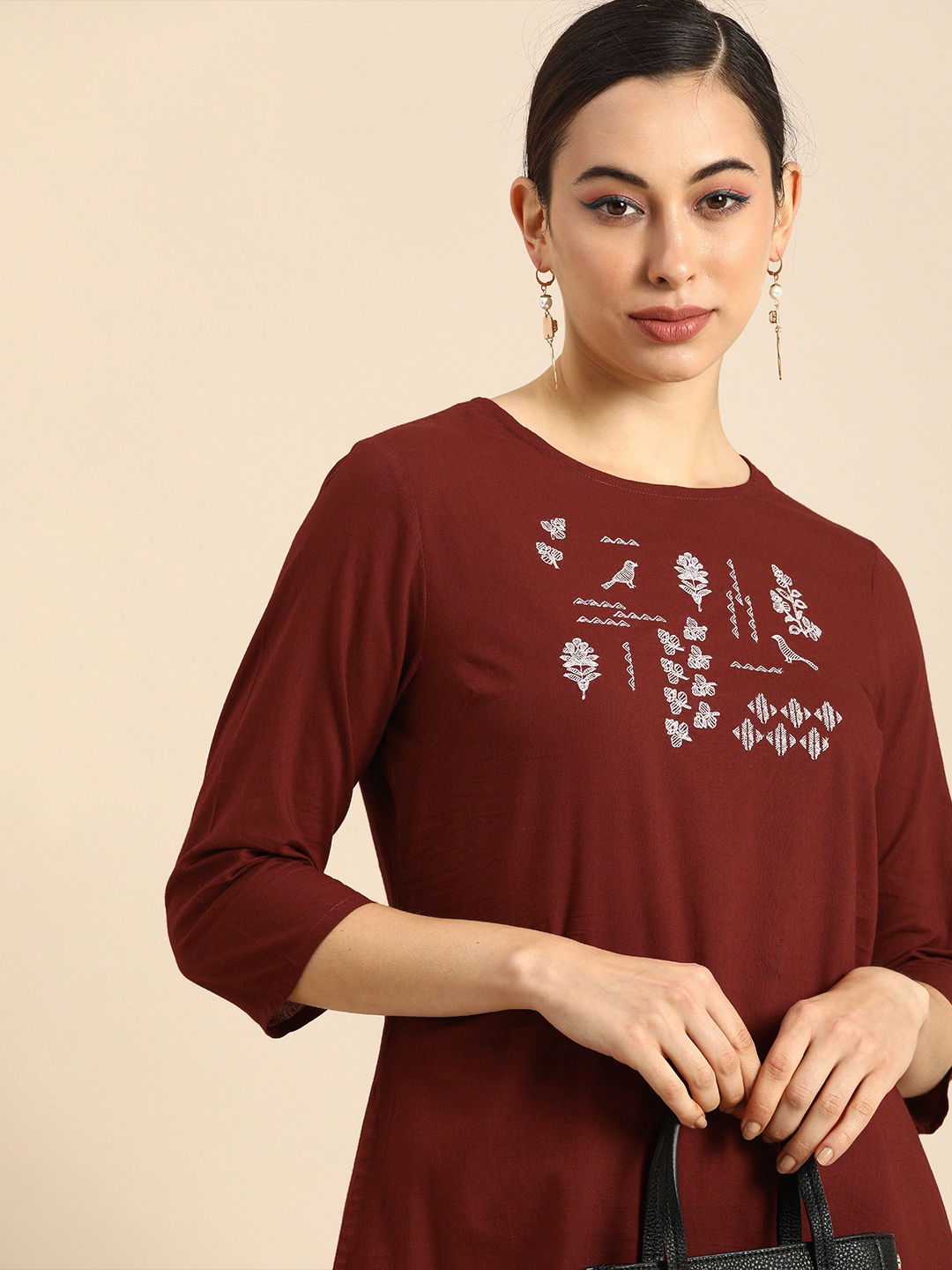

Anouk Women Maroon Ethnic Motifs Embroidered Thread Work Kurta