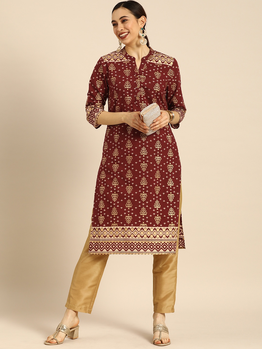 

Anouk Women Maroon & Gold-Toned Ethnic Motifs Foil Printed Kurta