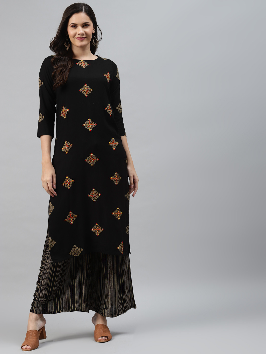 

Nehamta Women Black & Beige Ethnic Print Beads & Stones Work Straight Kurta with Palazzos