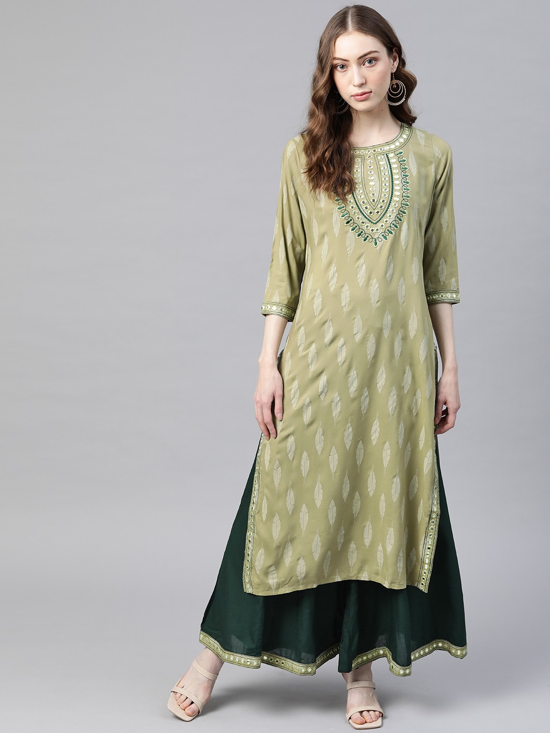 

Nehamta Women Olive Green Ethnic Motifs Print Mirror Work Straight Kurta with Palazzos