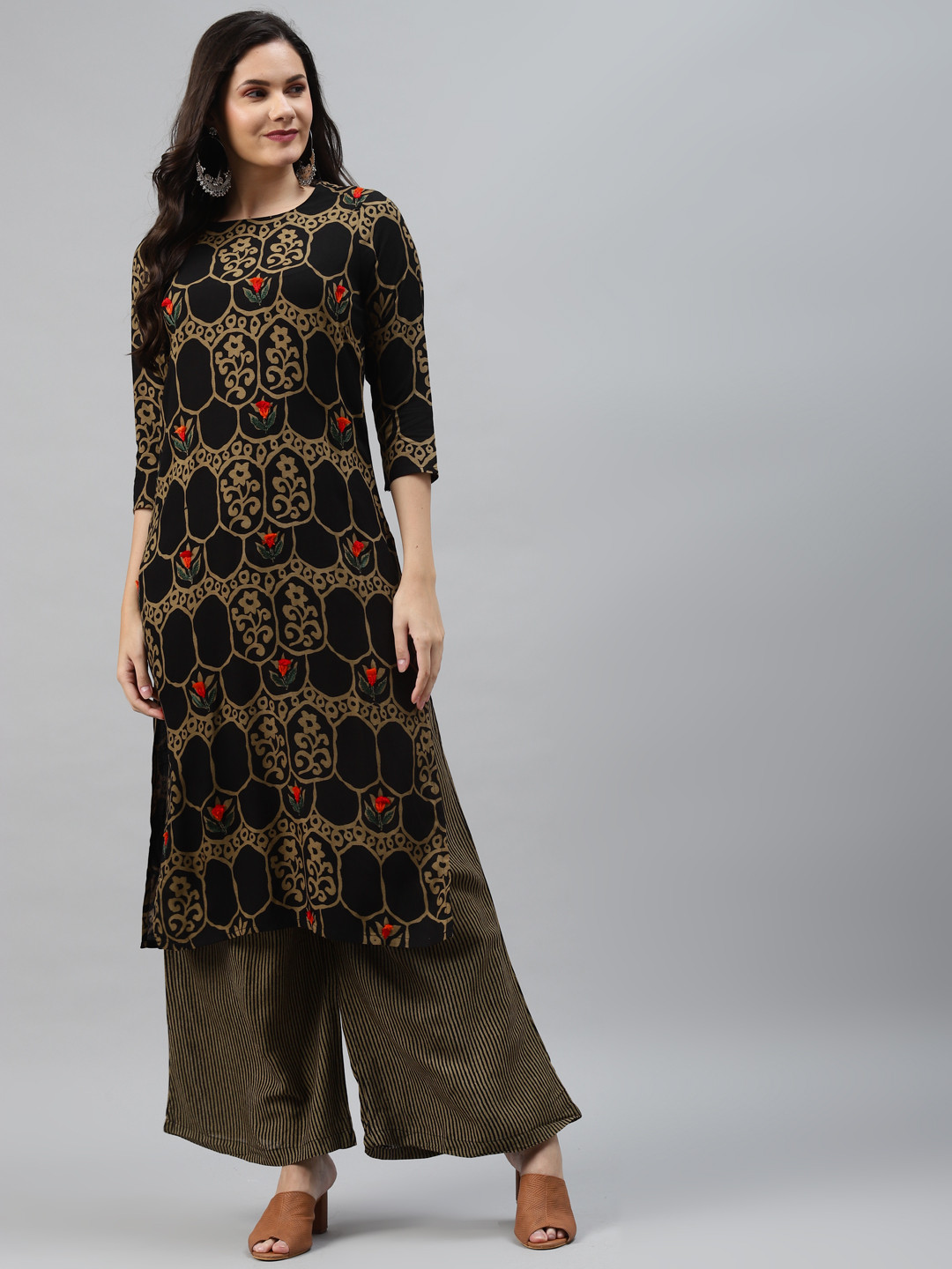 

Nehamta Women Black & Brown Ethnic Screen Print Thread Work Straight Kurta with Palazzos