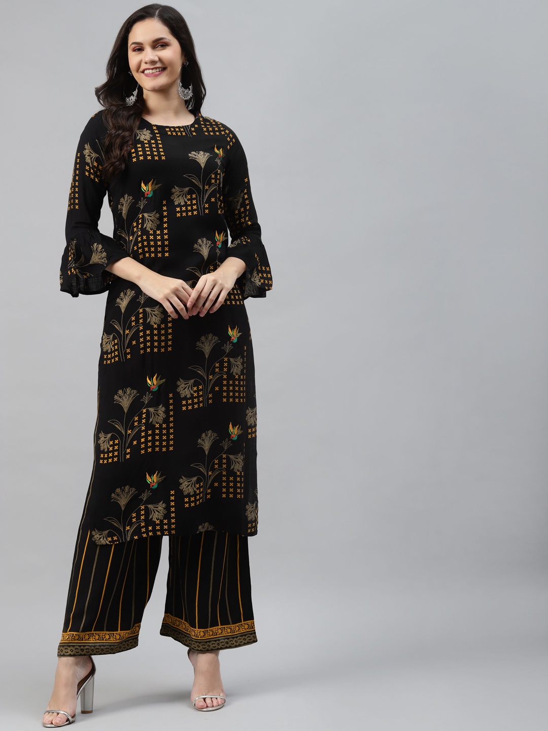 

Nehamta Women Black & Mustard Yellow Floral Print Thread Work Straight Kurta with Palazzos