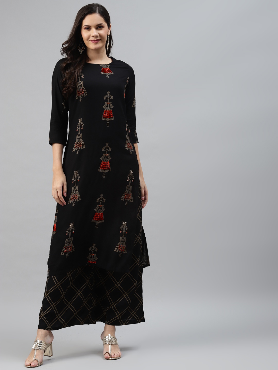 

Nehamta Women Black & Beige Tribal Printed Regular Kantha Work Kurta with Palazzos