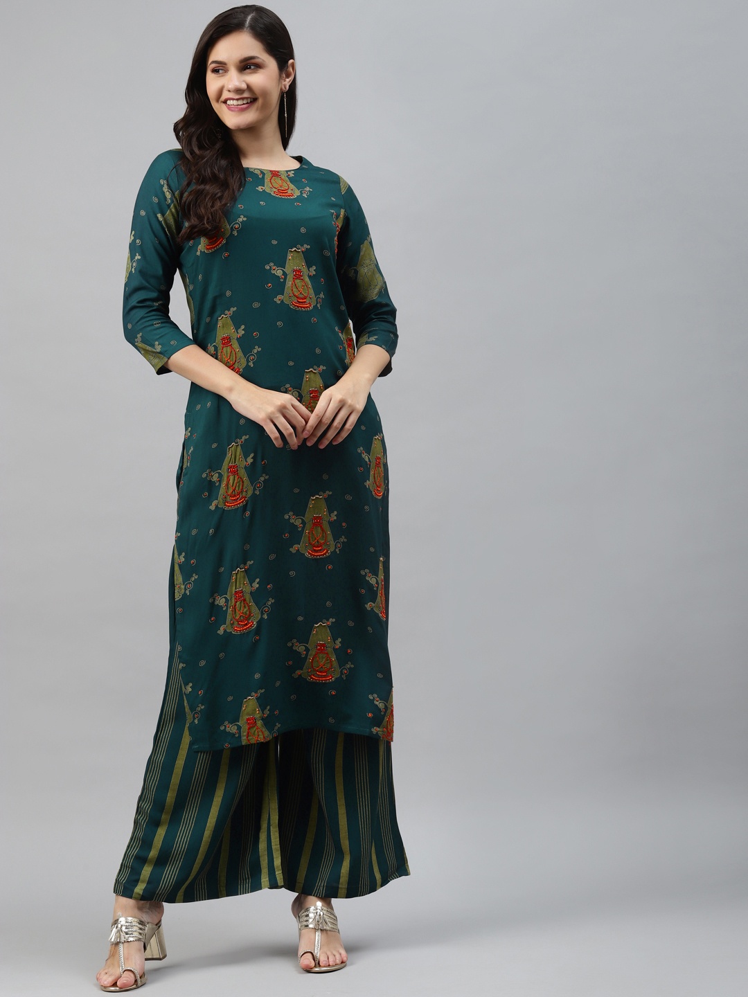 

Nehamta Women Teal Blue & Olive Green Ethnic Print Bead & Stones Straight Kurta & Palazzos
