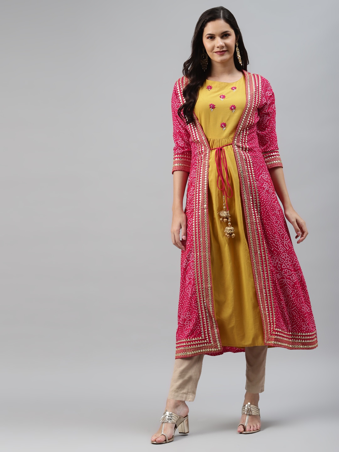 

Nehamta Women Pink & Mustard Yellow Ethnic Motifs Printed Layered Kurta With Mirror Work
