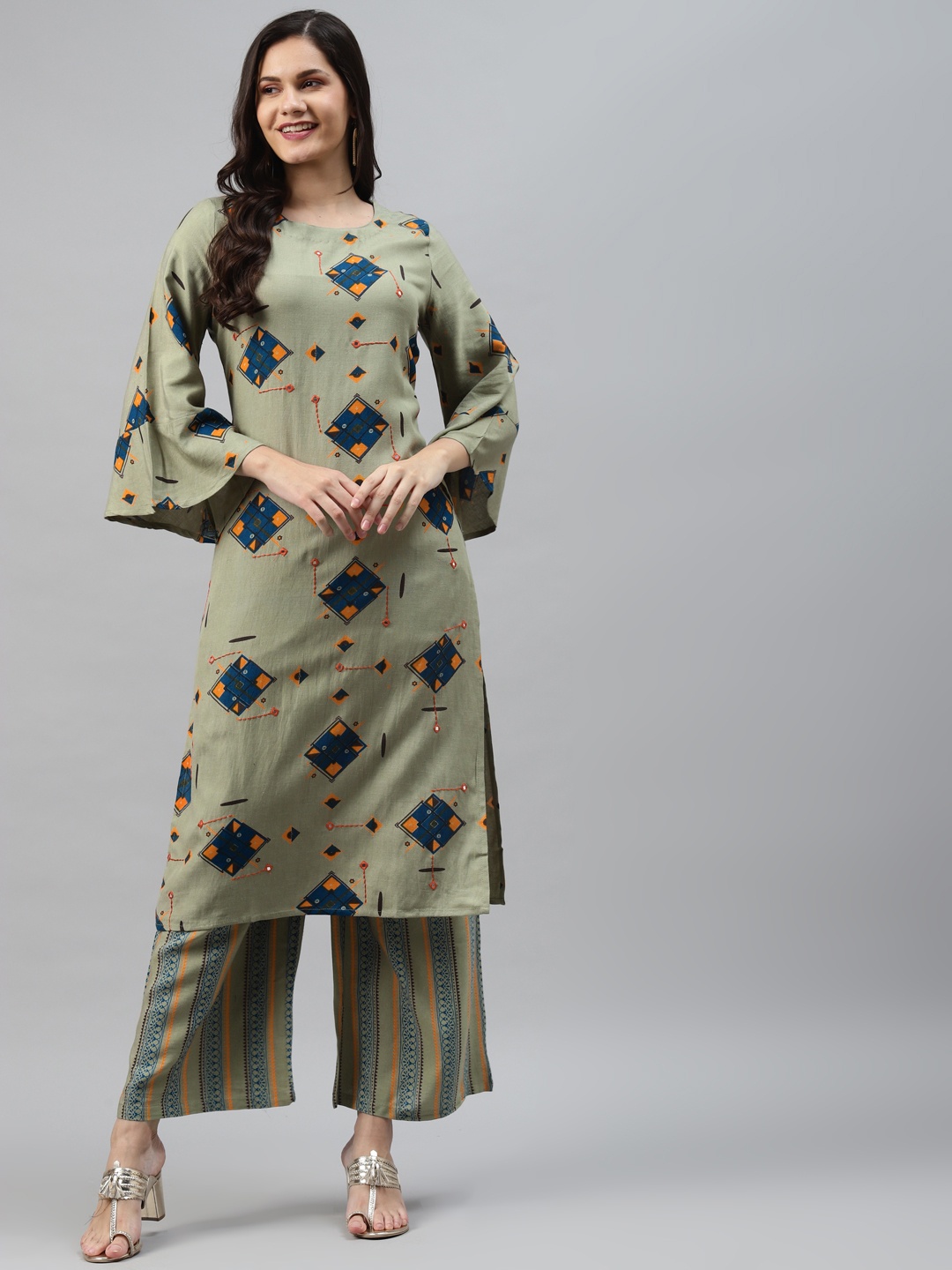

Nehamta Women Mint Green & Teal Blue Geometric Print Mirror Work Straight Kurta & Palazzos