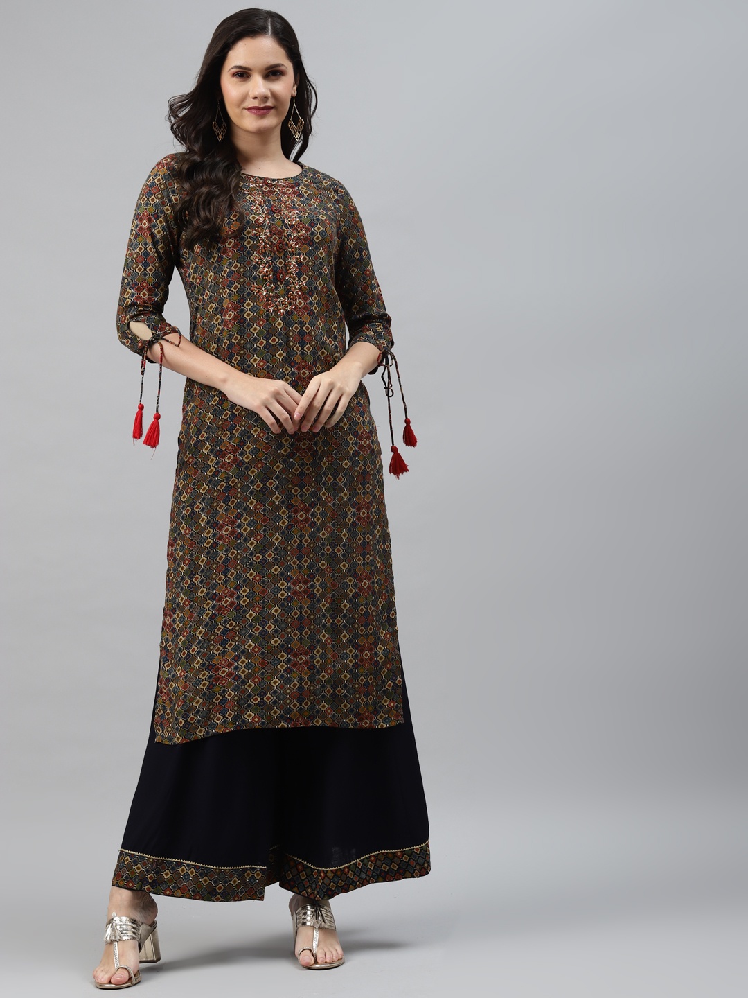 

Nehamta Women Teal Blue & Olive Green Ethnic Print Beaded Straight Kurta with Palazzos
