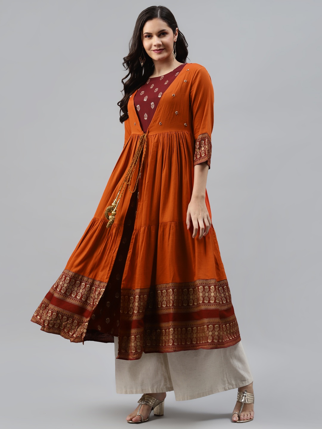 

Nehamta Women Orange & Maroon Printed Anarkali Kurta with Longline Ethnic Jacket