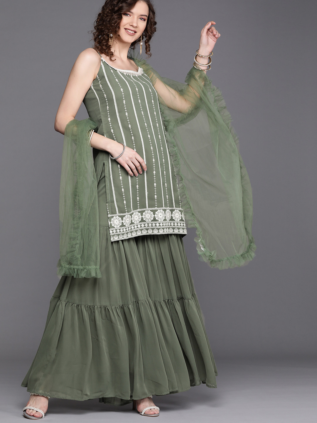

Inddus Women Green & White Striped Embroidered Sequinned Kurta with Sharara & Dupatta