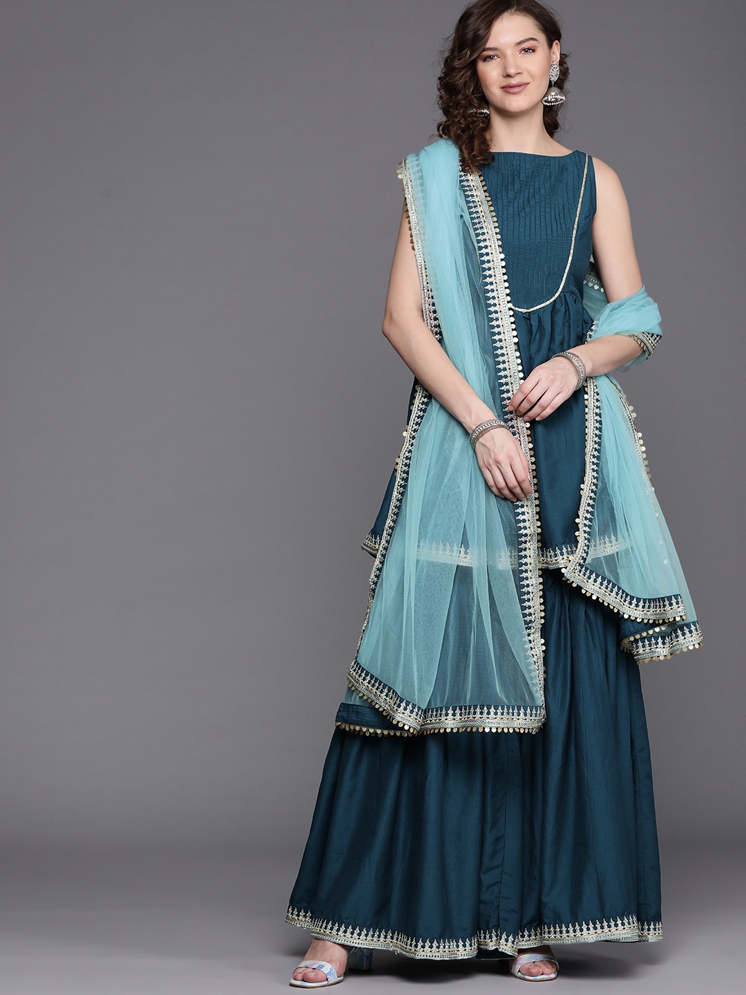 

Inddus Women Blue Yoke Design Pleated Gotta Patti Kurta with Sharara & Dupatta