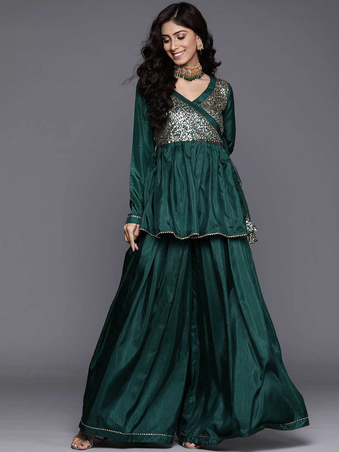 

Inddus Women Green Sequinned Yoke Design Angrakha Kurta with Palazzos