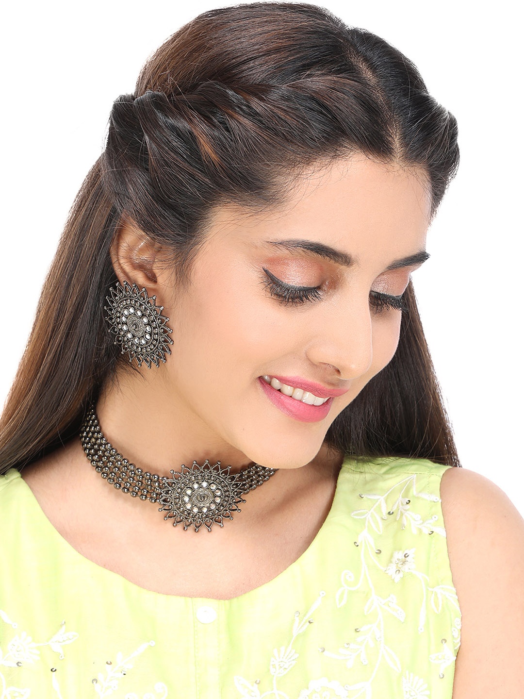 

Yellow Chimes Silver-Plated Floral Shaped Oxidised Choker Necklace Set