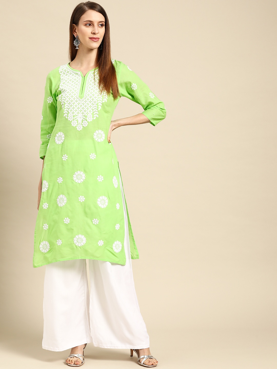 

Saadgi Women Green & White Ethnic Motifs Embroidered Pure Cotton Kurta with Palazzos
