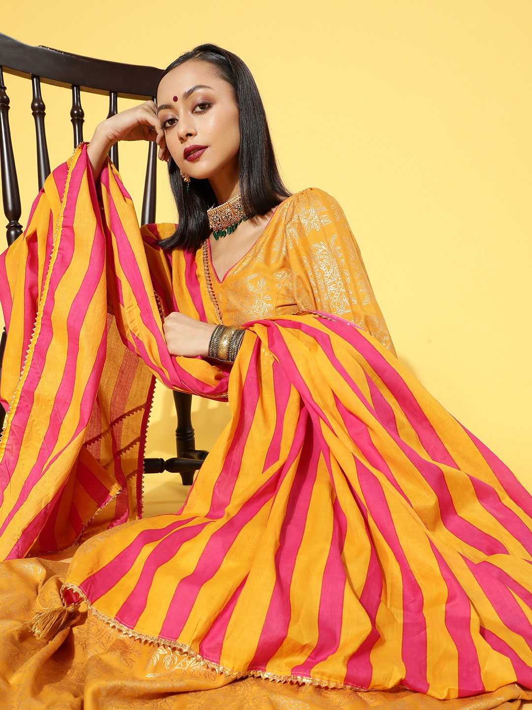 

Anouk Mustard Yellow & Pink Printed Ready to Wear Lehenga & Blouse With Dupatta