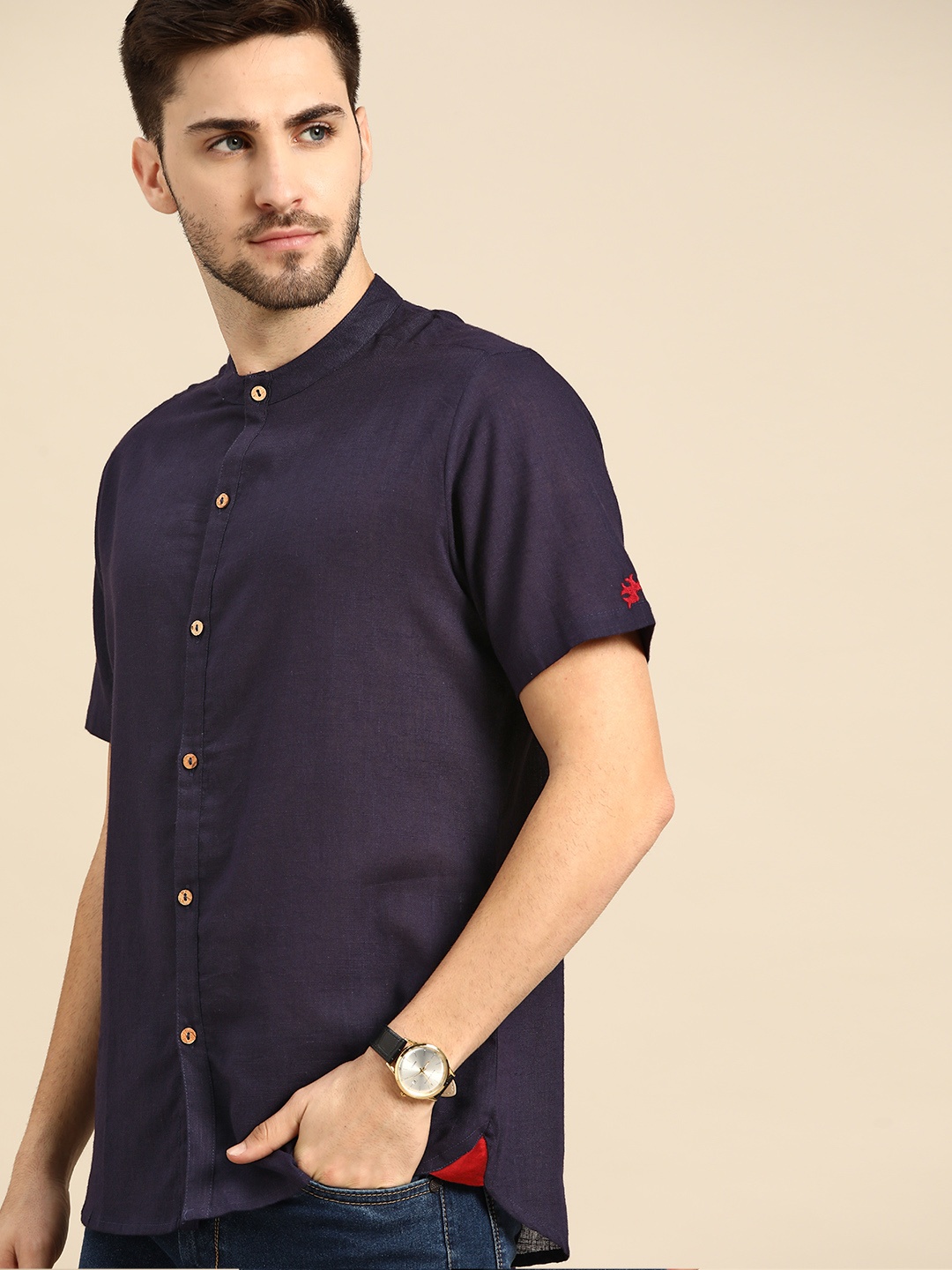 

Anouk Men Navy Blue Pure Cotton Casual Shirt