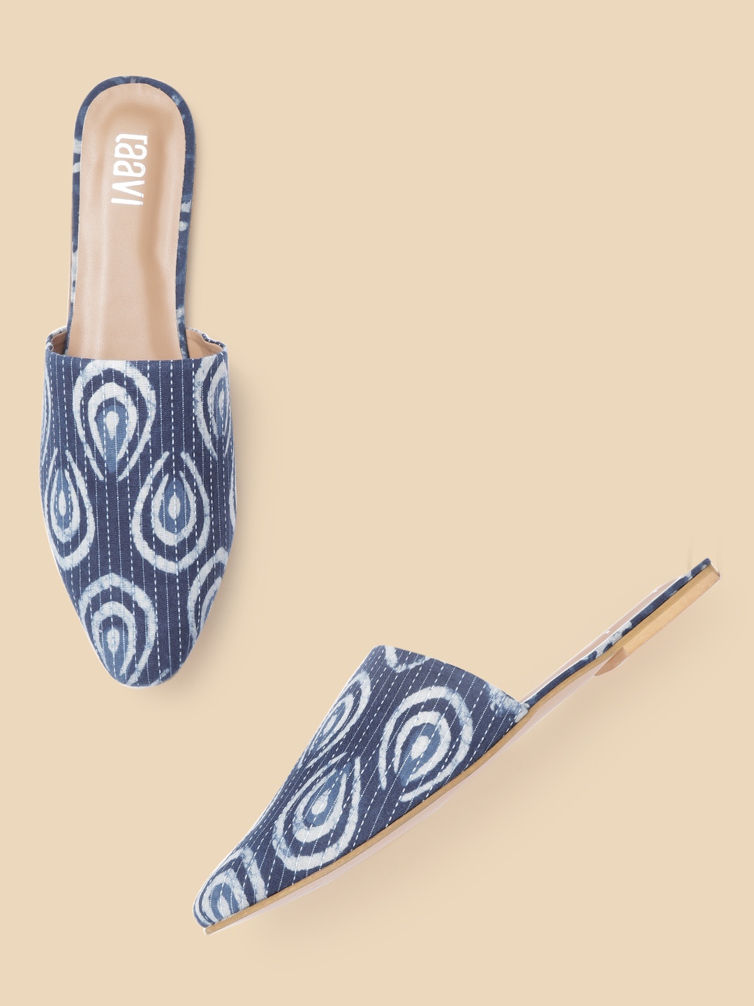 

Taavi Women Navy Blue & Off-White Ethnic Printed Mules