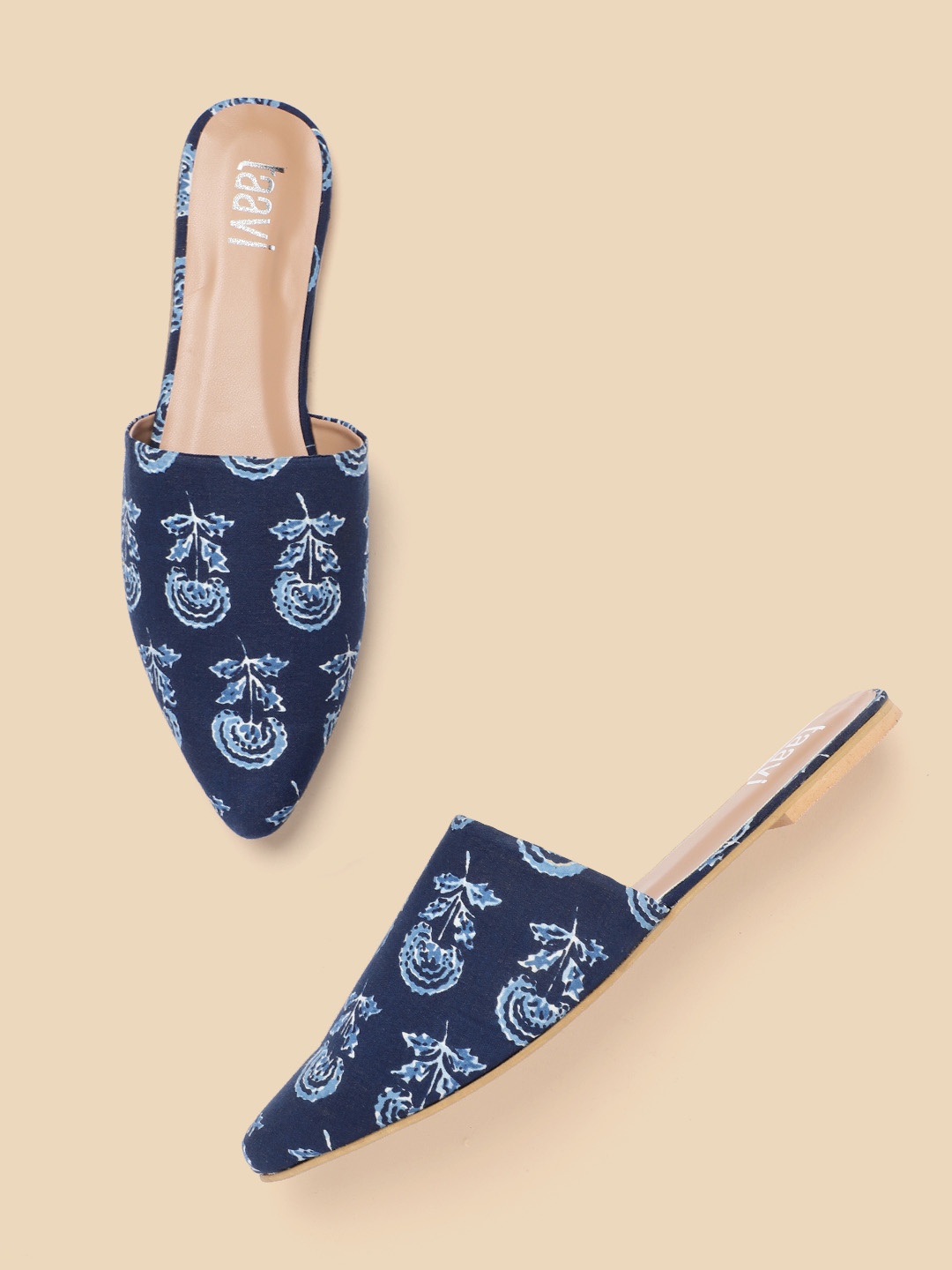 

Taavi Women Navy Blue & White Ethnic Motifs Print Handcrafted Mules