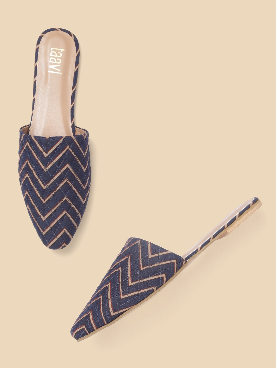 

Taavi Women Navy Blue & Beige Chevron Printed Mules