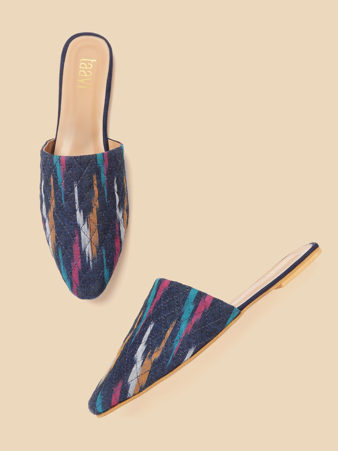 

Taavi Women Navy Blue & Mustard Yellow Ikkat Woven Design Quilted Handcrafted Mules