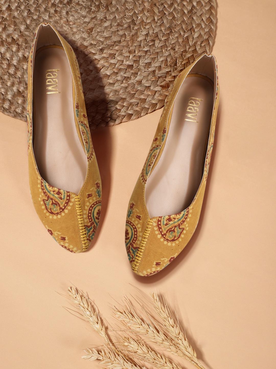 

Taavi Women Mustard Yellow & Maroon Ethnic Printed Ballerinas