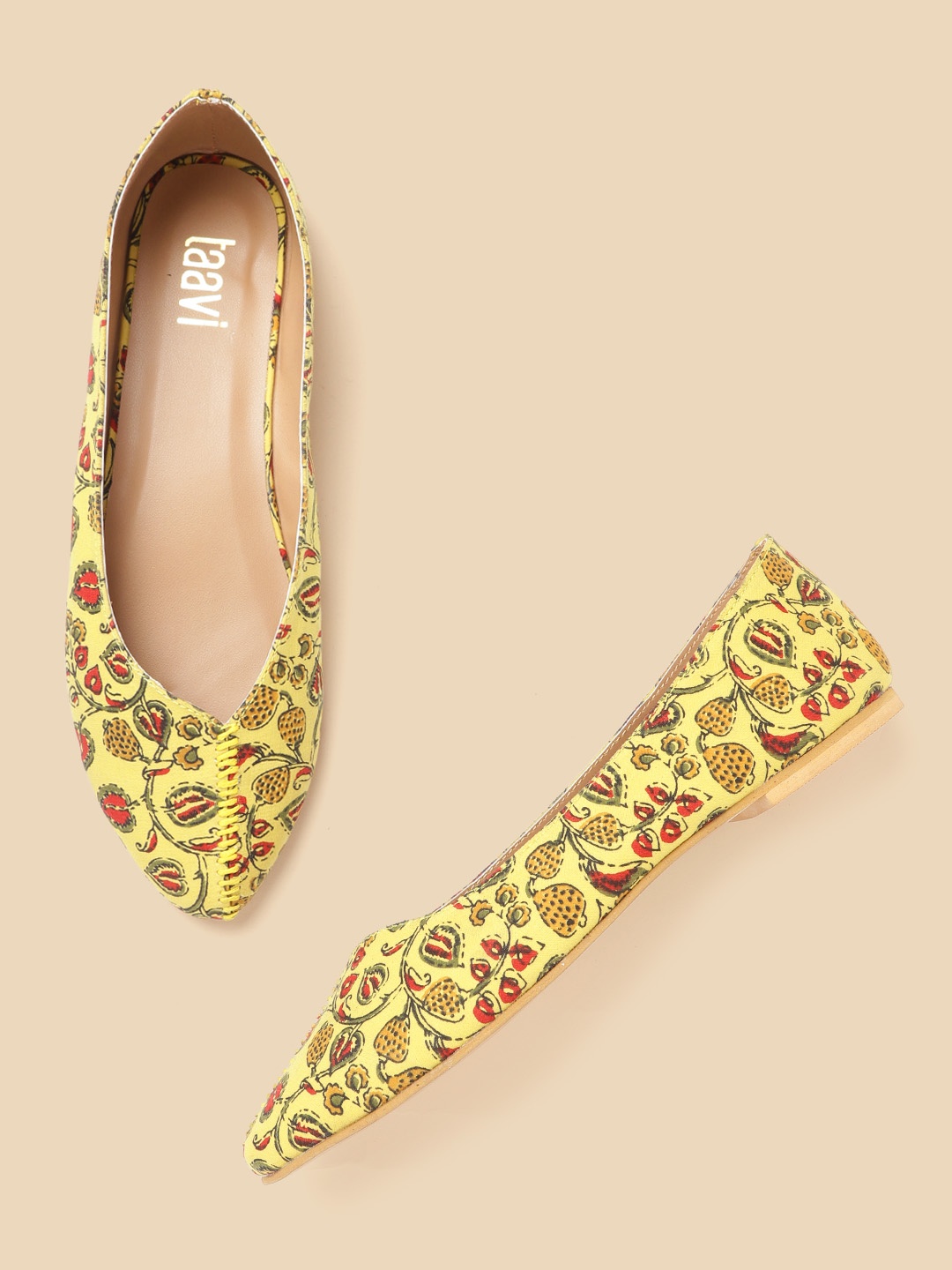 

Taavi Women Mustard Yellow & Red Ethnic Motifs Print Handcrafted Ballerinas