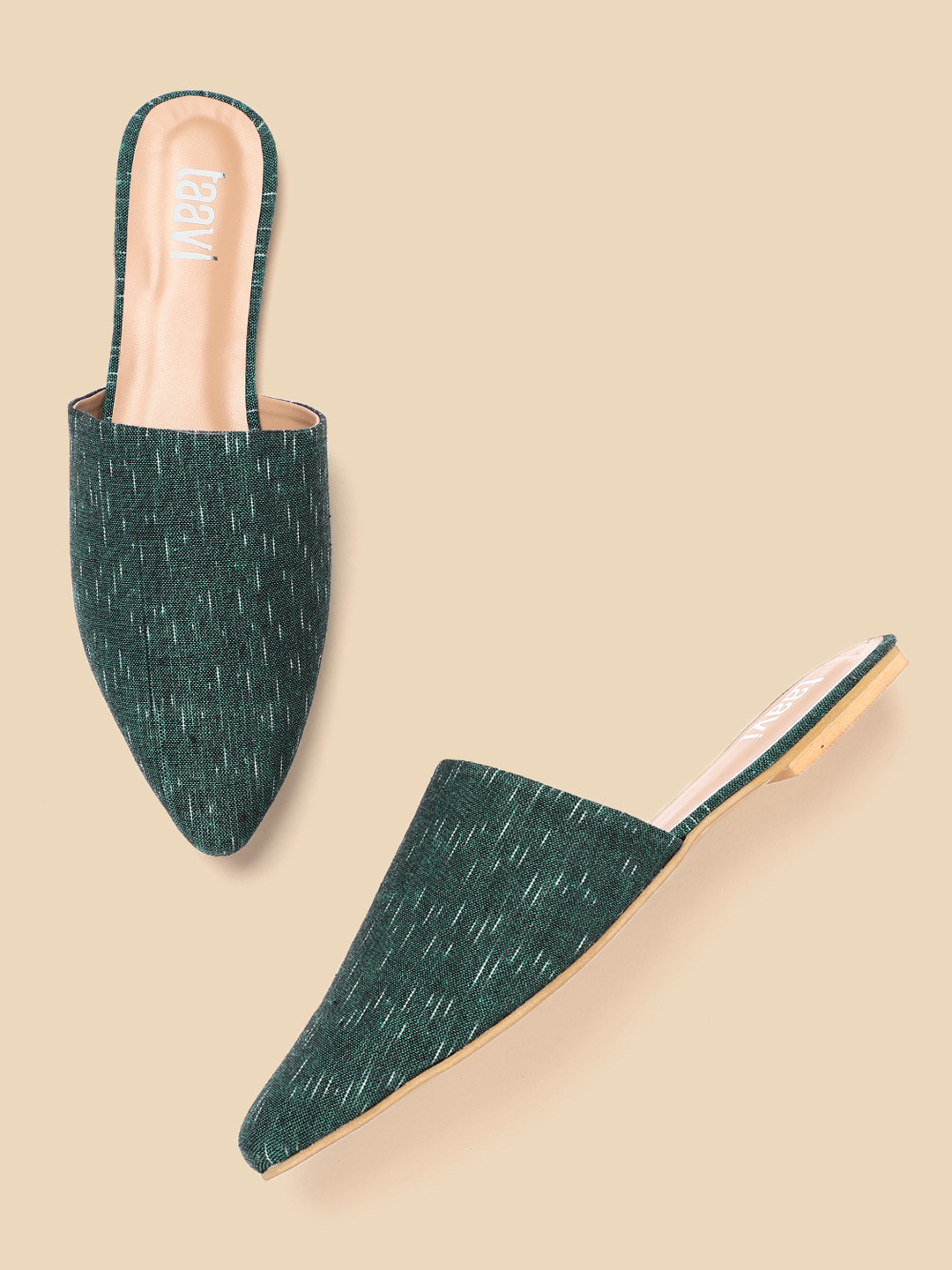 

Taavi Women Green & White Woven Design Handcrafted Mules