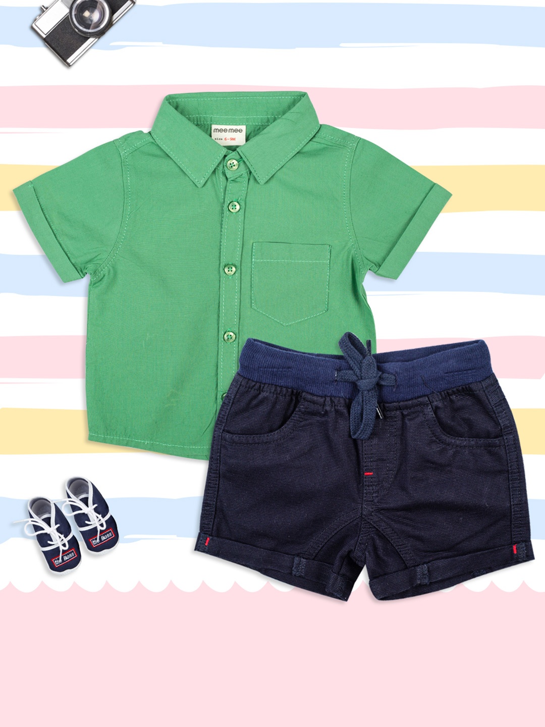 

MeeMee Boys Green & Navy Blue Solid Shirt with Shorts