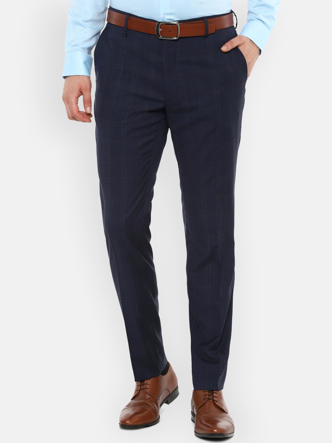 

Van Heusen Men Navy Blue & White Slim Fit Solid Formal Trousers