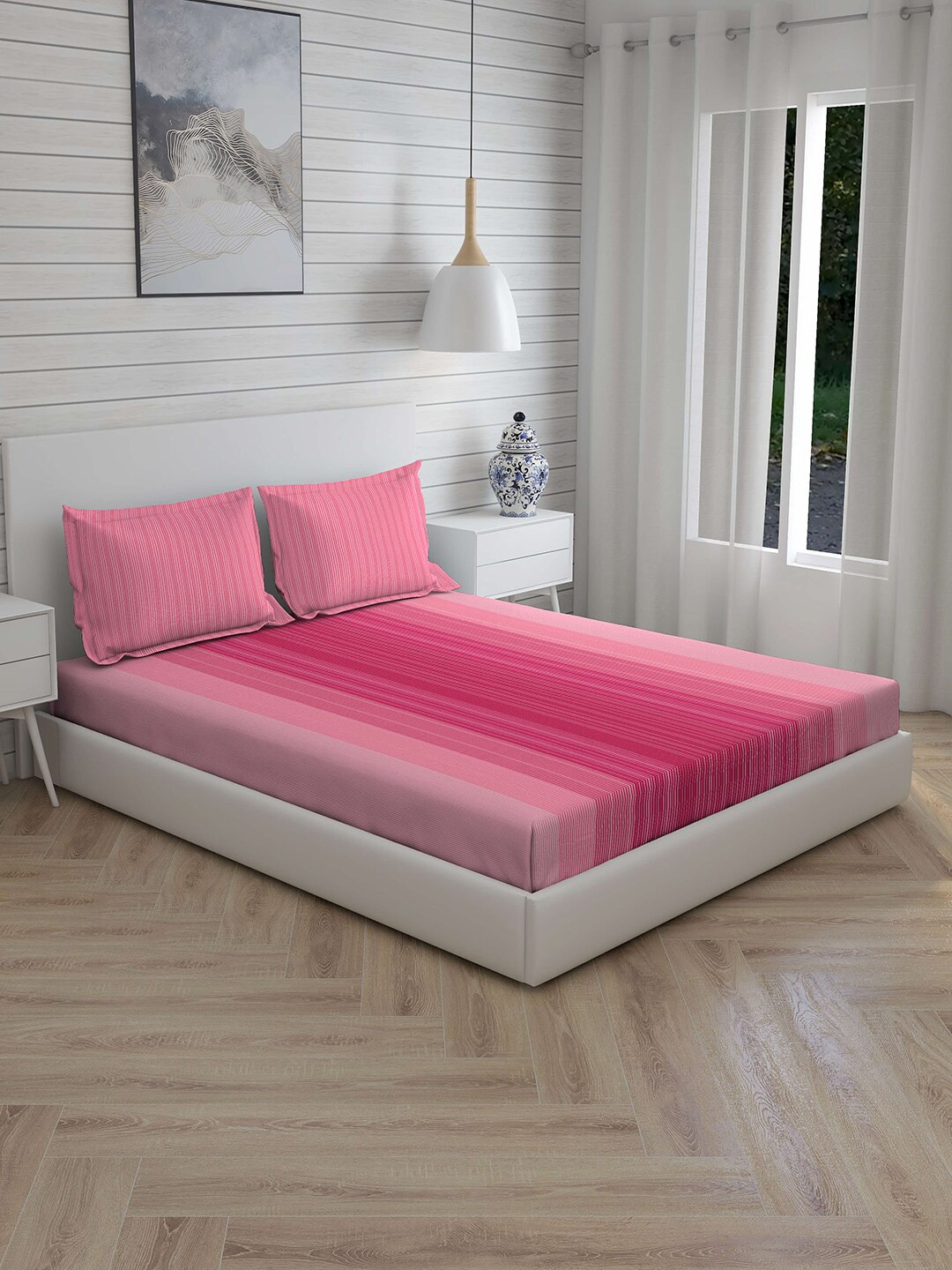 

Boutique Living India Pink & White Striped 210 TC Cotton 1 King Bedsheet with 2 Pillow Covers