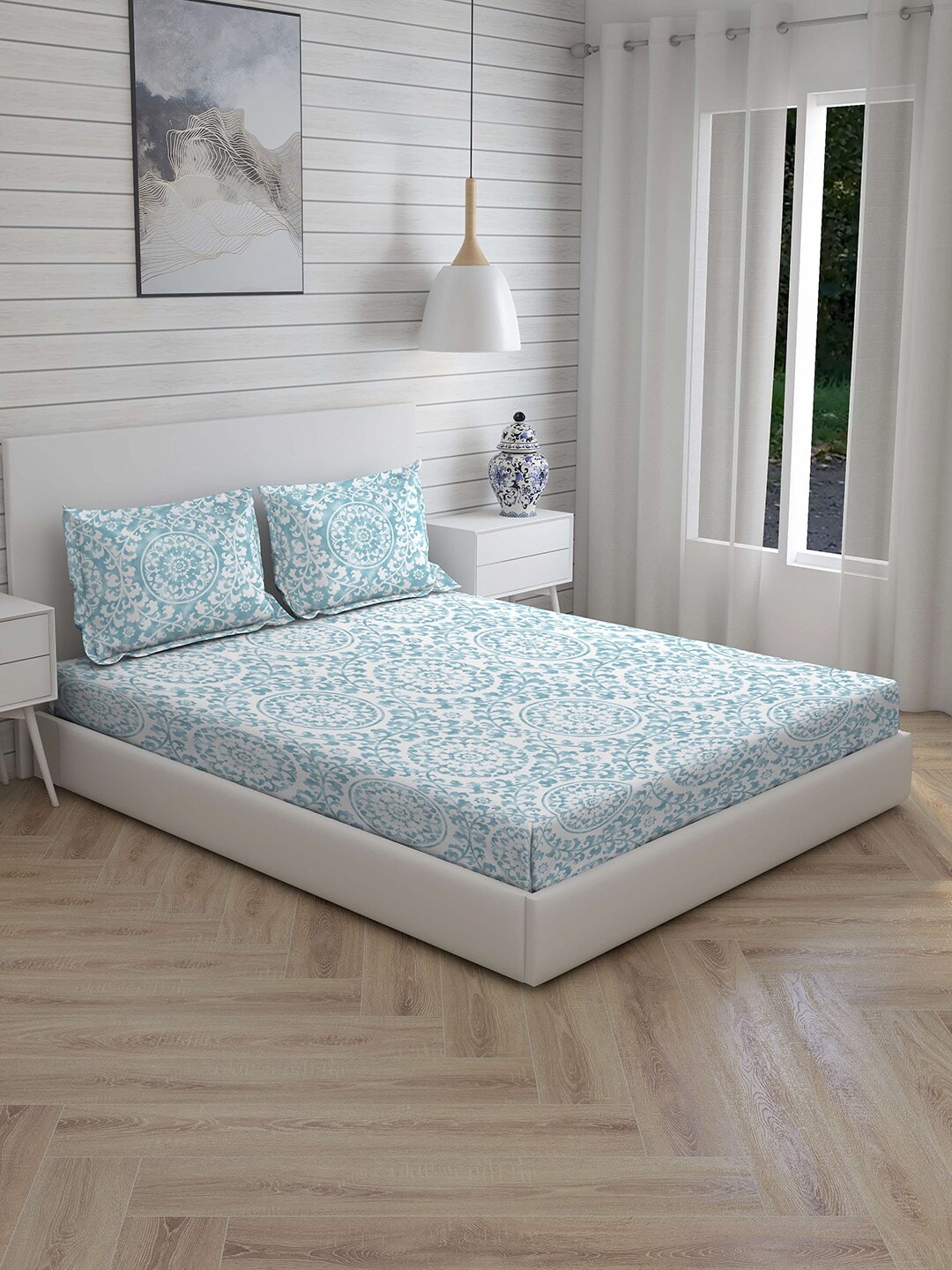 

Boutique Living India Turquoise Blue & White Ethnic Motifs 180 TC Cotton 1 King Bedsheet with 2 Pillow Covers