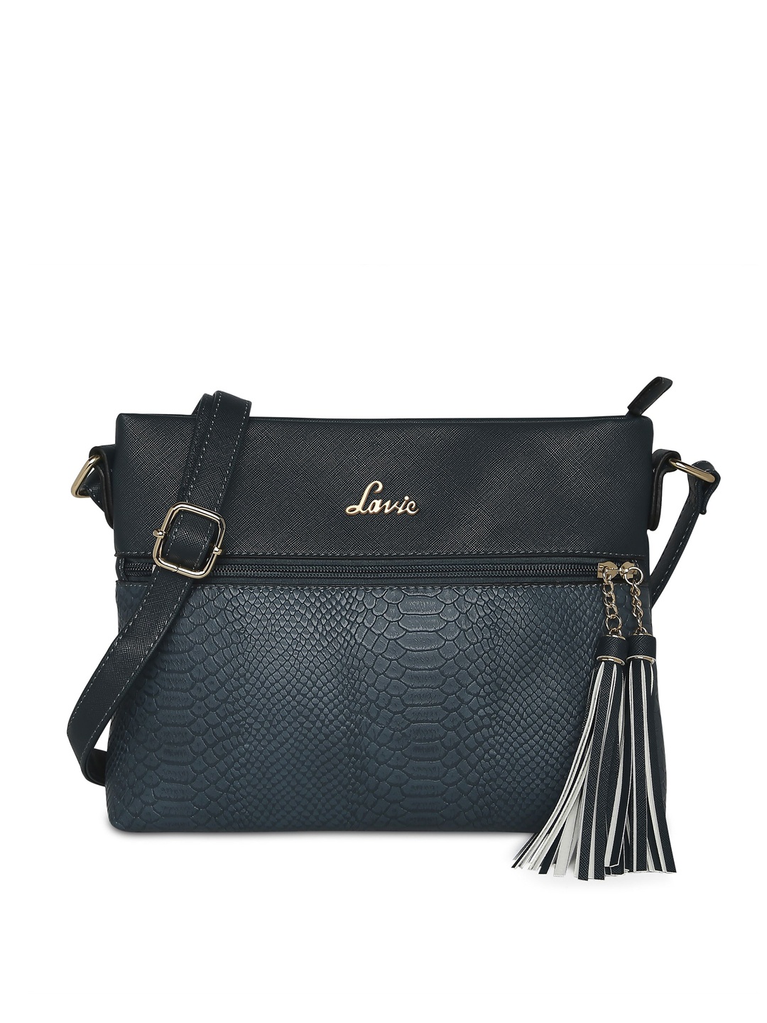 

Lavie Prix Teal Green Snakeskin Textured Sling Bag with Tasselled Detail