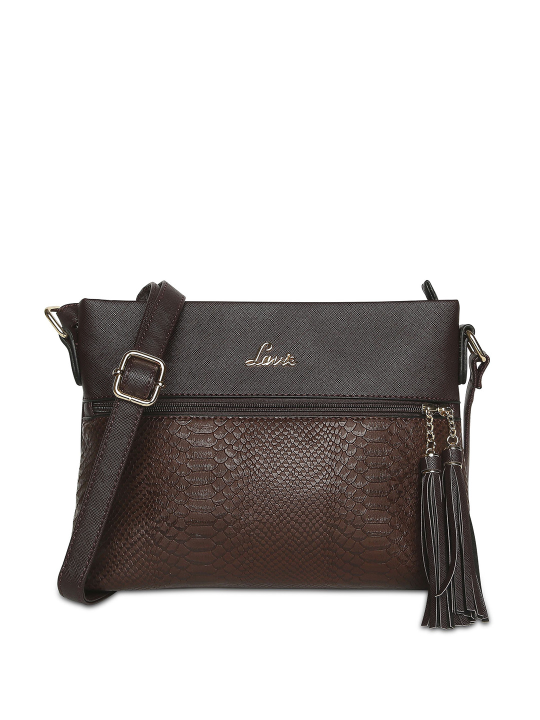 

Lavie Prix Coffee Brown Snakeskin Textured Structured Sling Bag with Tassels
