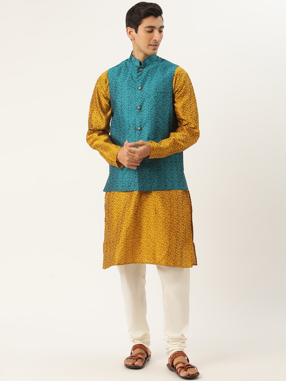 

SOJANYA Men Mustard Yellow Self Design Jacquard Silk Kurta with Churidar & Nehru Jacket