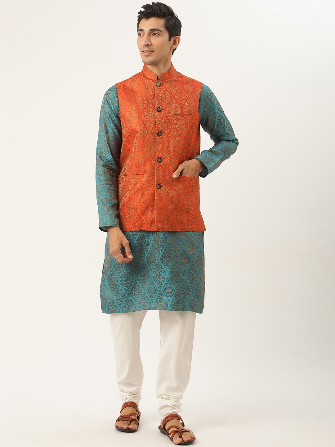 

SOJANYA Men Teal Blue & Orange Ethnic Motifs Kurta with Churidar & Nehru Jacket