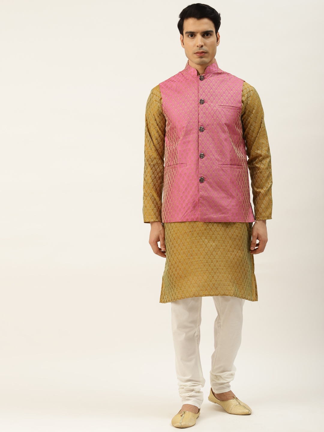 

SOJANYA Men Olive Brown & Pink Jacquard Ethnic Motifs Straight Kurta with Churidar