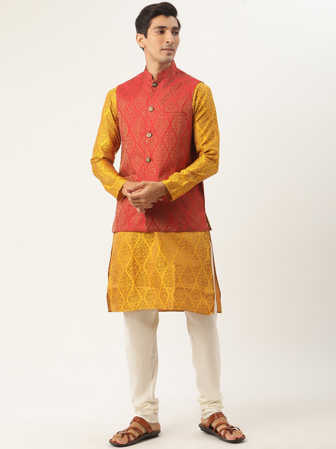 

SOJANYA Men Mustard Ethnic Motifs Kurta with Churidar & Nehru Jacket