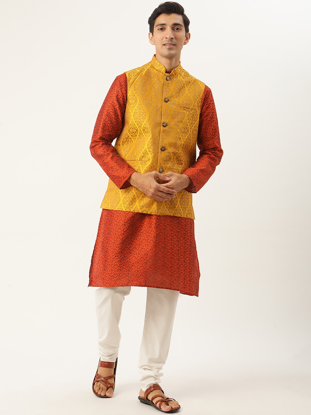 

SOJANYA Men Orange & Yellow Ethnic Motifs Woven Design Kurta with Churidar & Nehru Jacket