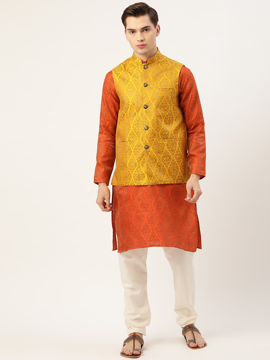 

SOJANYA Men Orange Self-Design Kurta with Churidar & Nehru Jacket